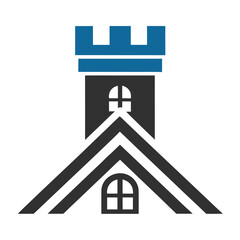 Stylized castle tower with arched windows and roof on white background architecture building