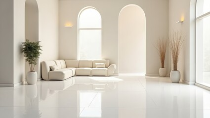 A spacious, minimalist living room with arched windows.