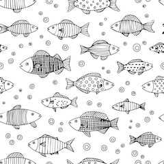 underwater cartoon fish outline pattern vector for wallpaper textile coloring book design