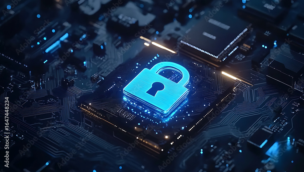 Poster illuminated padlock sits atop a computer motherboard conveying digital security and data protection