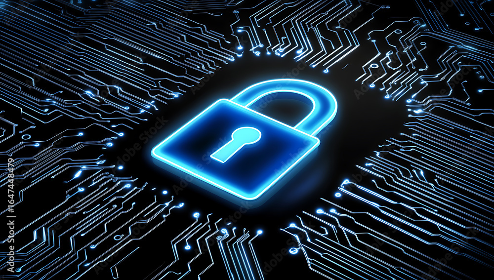 Poster blue glowing padlock is placed in the center of a circuit board representing cybersecurity and data 