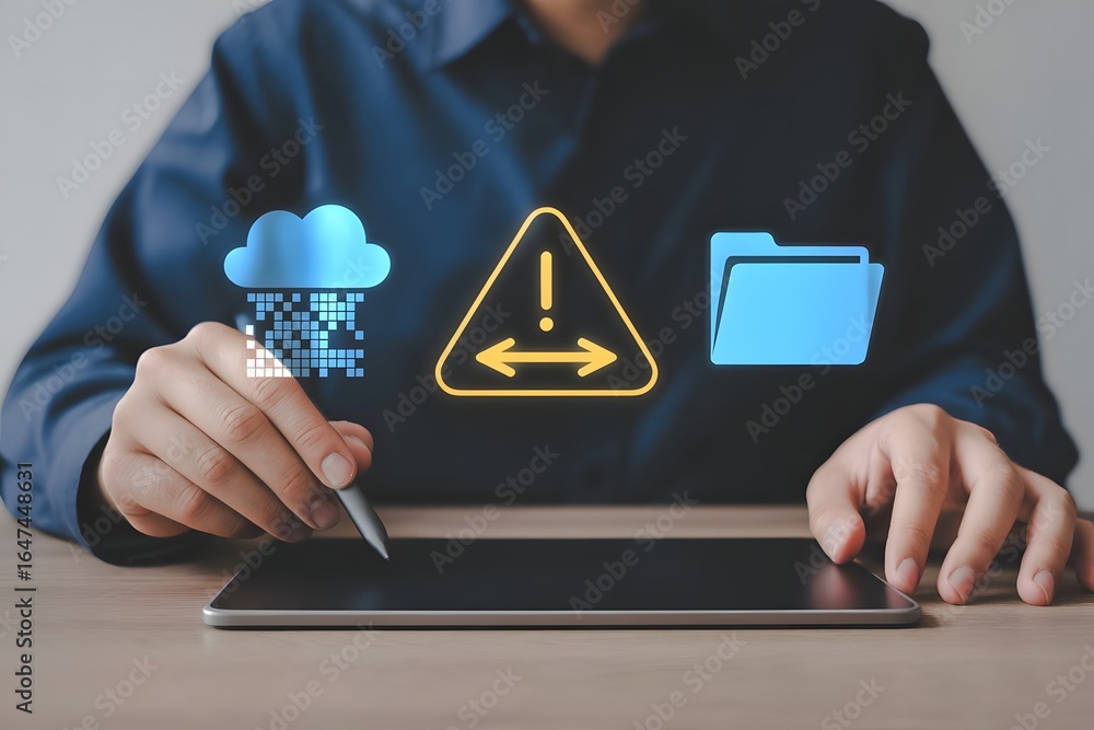 Poster data loss prevention and security concept with cloud storage warning sign and folder icons on a tabl