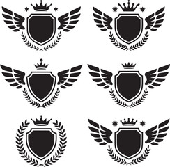 royal crest design six monochrome shield crown wing laurel wreath silhouettes vector © AIcon Star