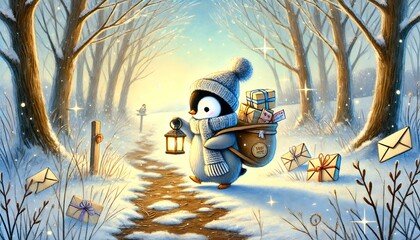 A Small Penguin Mail Carrier Walks Through a Snow-Melting Forest Path Under a Gentle Blue Sky, Delivering Magical Letters and Packages in a Whimsical Springtime Setting