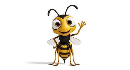Obraz premium A cheerful cartoon bee with yellow and black stripes waving its hand on a white background view