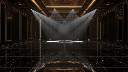 Luminous Grandeur: Where focused beams of light cut through the dark, revealing intricate gold details against a polished black stage. A masterclass in theatrical design.