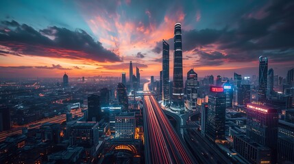 Dramatic Sunset over Shanghai Cityscape with Light Trails and Modern Skyscrapers Creating a Stunning Urban Panorama at Dusk