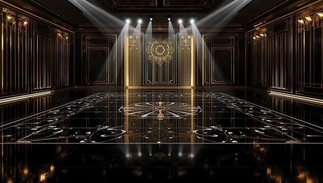 The Stage is Set: In this hall of dramatic contrasts, brilliant spotlights illuminate a golden centerpiece, creating a runway for a momentous event.