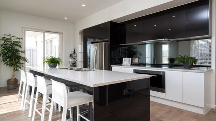 Clean and sleek monochrome kitchen with glossy black island and white bar stools
