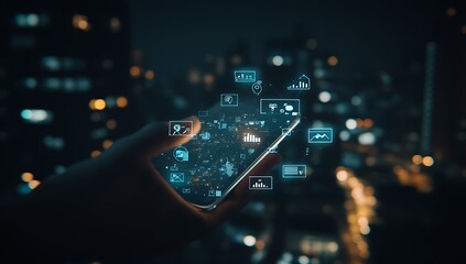 Hand Holding Smartphone Displaying Digital Icons and Data Over Cityscape technology mobile
