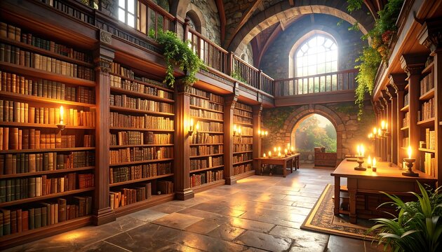 Grand, lit library interior