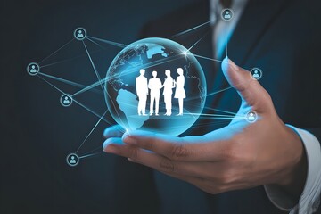 Global business network concept with a person holding a glowing globe with team silhouettes and connected user icons representing international collaboration and technology