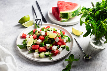 Watermelon and Feta Salad with Cucumber, Basil, and Lime
