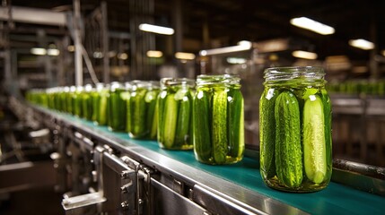 Canned cucumber product on production line. Conveyor with glass jars filled with green cucumbers and liquid. Modern factory food production background.