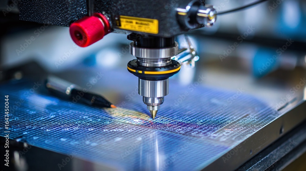 Aufkleber close-up of an automated machine at work, precisely etching onto a microchip. the focus highlights t