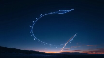 Rocket launch trail forming jellyfish-like smoke pattern in colorful twilight sky, stunning display of space exploration, cosmic beauty, atmospheric glow, and celestial wonder over serene horizon