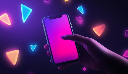 Hand holding smartphone with glowing neon triangles and purple pink screen mobile