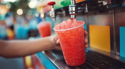 Refreshing slush drink being dispensed into a clear plastic cup. A summer treat on a hot day. Drink stand in the background.