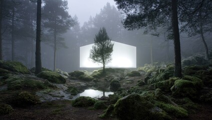 Misty forest scene with a luminous white structure