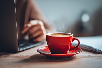 Person working at laptop with coffee