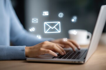 Person typing on laptop with email icons (2)