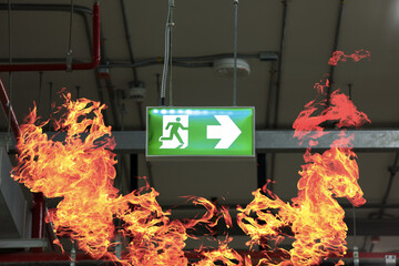 Fire exits in car park area and frame of fire burn.