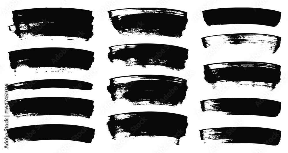 Poster vector art of collection of black brush strokes isolated on white background, featuring various text