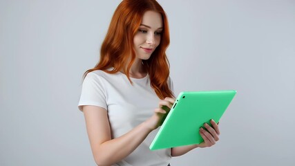 Redhead Woman Interacting with a Green Tablet Device in a Studio Setting Video