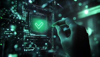 Hand interacting with glowing green checkmark on futuristic digital interface with data streams technology