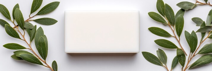 SAPONE BIANCO SU SFONDO BIANCO MINIMALISTA CON FOGLIE VERDI