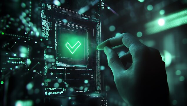 Hand interacting with glowing green checkmark on futuristic digital interface with data streams technology