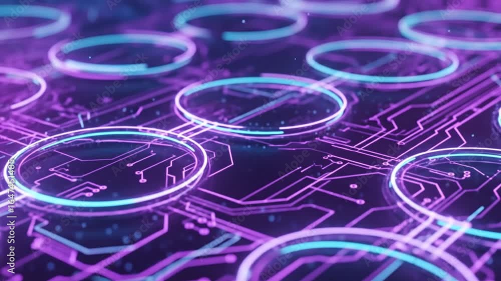 Aufkleber a close-up of a futuristic circuit board with glowing lines and transparent, pulsating circles.