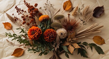 Autumn floral arrangement with orange dahlias and dried leaves on textured background design