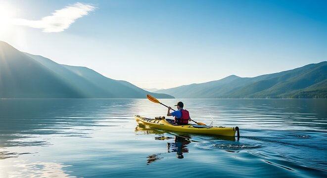 A person kayaking on a calm lake surrounded by mountains under a clear blue sky in daylight - Powered by Adobe
