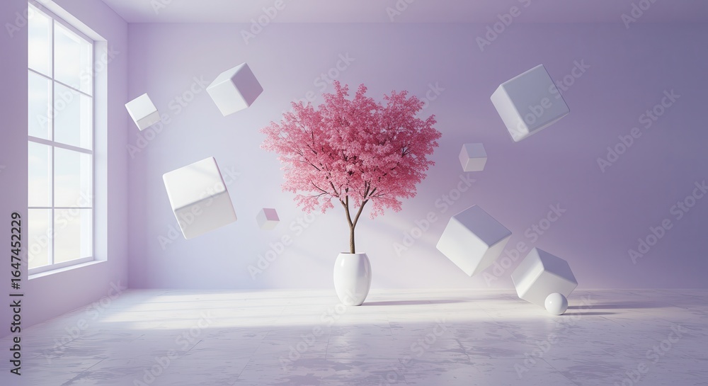Poster a 3d rendering of a pink flowering tree in a vase with floating cubes in a modern, minimalist room w