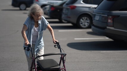 An elderly woman with gray hair shops for groceries in a busy parking lot while using her walker for support. Cars are parked nearby, creating a lively atmosphere. © Robert Peak