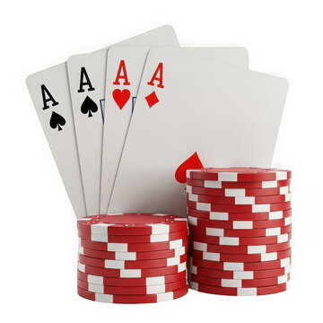 Four aces poker hand with stacks of red and white casino chips isolated on transparent background