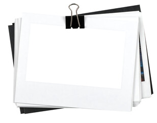 Blank Instant Photo Frames Stacked with Binder Clip, Photo material bound with binder clips for image synthesis, Polaroid photo stacks, PNG, Clipping path. Business Concept.