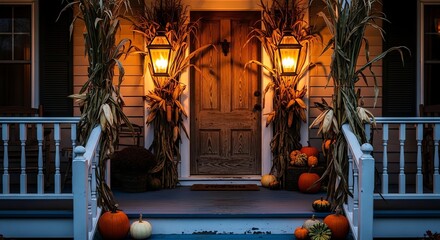 Naklejka premium Cozy Autumn Porch Decor with Pumpkins and Cornstalks