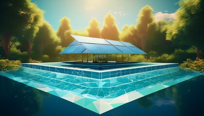 polygon art of a solar powered structure floating in a pool surrounded by trees