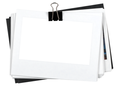 Blank Instant Photo Frames Stacked with Binder Clip, Photo material bound with binder clips for image synthesis, Polaroid photo stacks, PNG, Clipping path. Business Concept.