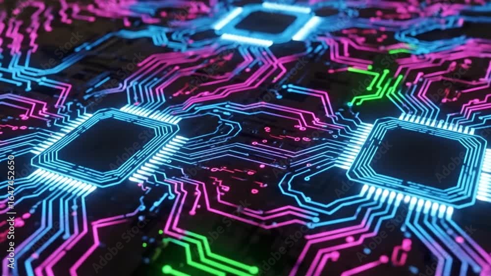 Fototapete a complex circuit board with multiple glowing processors and colored data flowing between them.