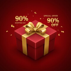 Fototapeta premium Golden ribbon, red box, and a massive 90% discount. Shopping day savings. Ai generate, Ai generative
