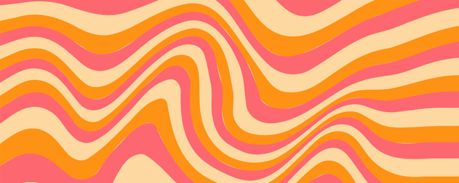 1970 Wavy Swirl Seamless Pattern in Orange and Pink Colors. Hand-Drawn Vector Illustration. Seventies Style, Groovy Background, Wallpaper, Print. Flat Design, Hippie Aesthetic.