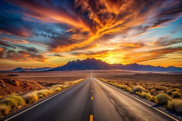 Naklejka premium A long road stretches into the distance under a vibrant sunset sky