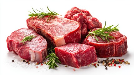 Obraz premium Assorted cuts of fresh beef are arranged on a white surface, garnished with rosemary and surrounded by an assortment of spices. This showcases high-quality meat perfect for grilling or roasting