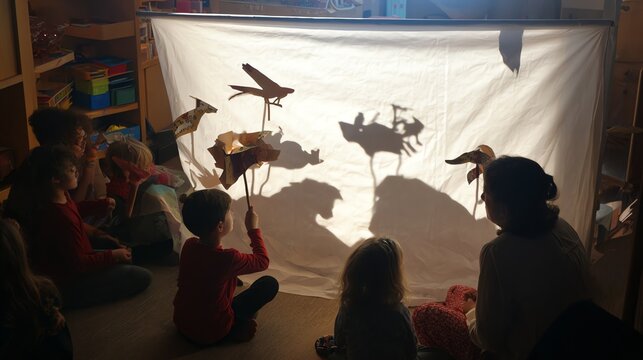 Children Enjoying Shadow Puppet Show with Animals and Storytelling Fun