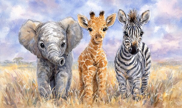 Fototapeta AKWARELOWE PORTRETY: SŁOŃ, ŻYRAFA I ZEBRA