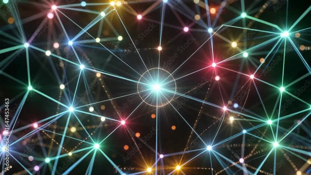 Aufkleber an abstract animation of a starburst at the center of a complex, glowing network of connected nodes.