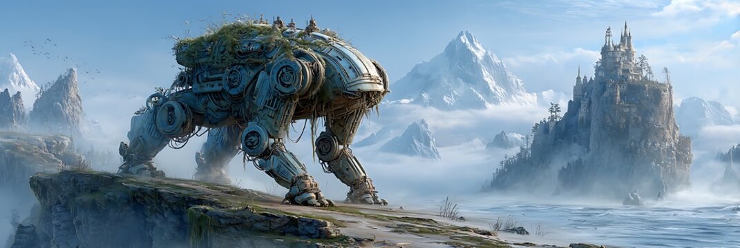 Futuristic soldier robot patrolling ancient ruins in icy blue fog